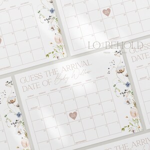 May include: A printable baby shower game with a floral design. The game asks guests to guess the baby's due date on a calendar with a floral border. The text on the game reads "Guess the Arrival Date of Baby Willow".