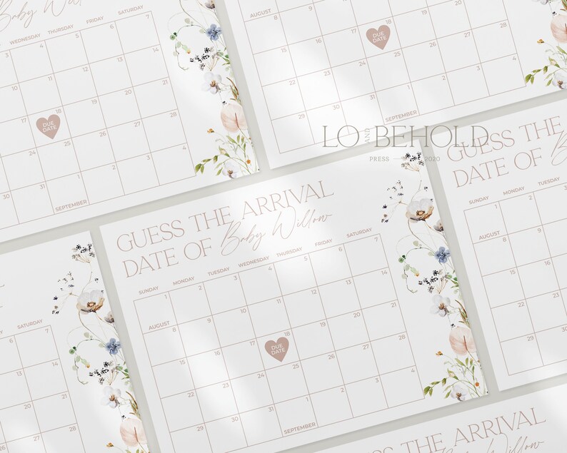 May include: A printable baby shower game with a floral design. The game asks guests to guess the baby's due date on a calendar with a floral border. The text on the game reads "Guess the Arrival Date of Baby Willow".