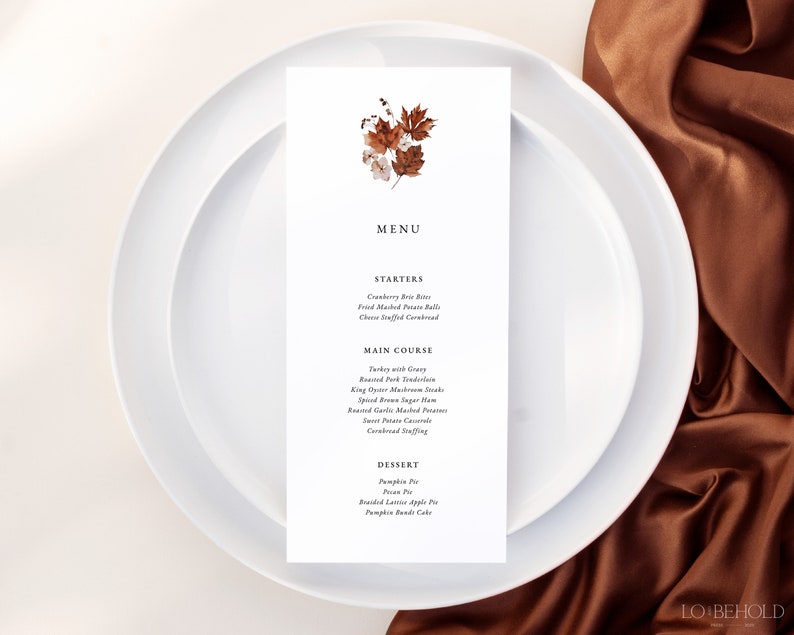 RUSTIC Autumn Minimalist Wedding Menu Template DIY Download Fall Floral Dinner Menu Card Editable Printable Template Thanksgiving Dinner image 2