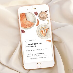 May include: A digital invitation for a Friendsgiving potluck on Saturday, November 26th at 5 PM. The invitation features a watercolor illustration of pie, coffee, and fall leaves. The event will be held at The Maxwell Residence, 5000 Yerba Buena Ave, Santa Margarita. RSVP to Alice at 123.345.6789 by November 20th.