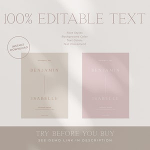 May include: Two printable wedding invitation templates with a minimalist design. The templates feature the names "Benjamin" and "Isabelle" in a light pink font on a beige and pink background.