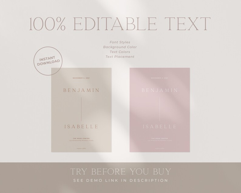 May include: Two printable wedding invitation templates with a minimalist design. The templates feature the names "Benjamin" and "Isabelle" in a light pink font on a beige and pink background.