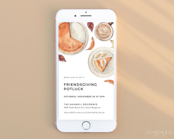 Friendsgiving Dinner Evite Template, Modern Fall Thanksgiving Potluck Electronic Invite, Text Phone Editable Template Digital Download