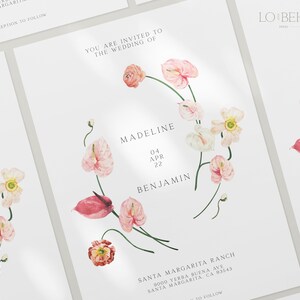 May include: Wedding invitation with a floral design featuring pink and white flowers. The invitation reads "You are invited to the wedding of Madeline and Benjamin, April 4, 2022, Santa Margarita Ranch, 9000 Yerba Buena Ave, Santa Margarita, CA 93543."