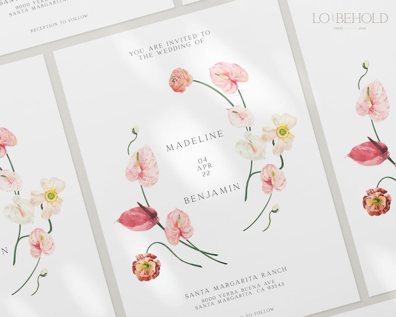 May include: Wedding invitation with a floral design featuring pink and white flowers. The invitation reads "You are invited to the wedding of Madeline and Benjamin, April 4, 2022, Santa Margarita Ranch, 9000 Yerba Buena Ave, Santa Margarita, CA 93543."