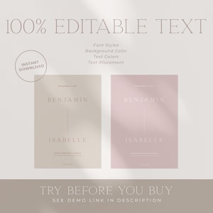 Op de afbeelding: Twee trouwuitnodigingssjablonen, &eacute;&eacute;n beige en &eacute;&eacute;n roze, met de namen Benjamin en Isabelle. De tekst "100% Editable Text" en "Try Before You Buy" worden weergegeven. Het ontwerp bevat de tekst "Instant Download".
