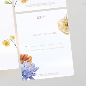 May include: RSVP card featuring floral illustrations. The card has a white background with brown text. The text reads "RSVP" in a large font and "Kindly reply by Jan. 15th" in a smaller font. Guests can choose from two options: "Accepts with pleasure" and "Declines with regret".