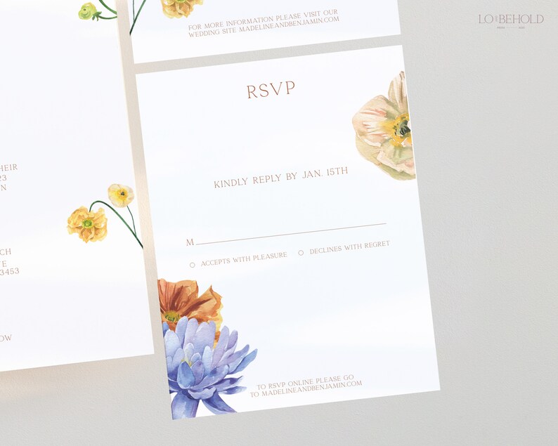 May include: RSVP card featuring floral illustrations. The card has a white background with brown text. The text reads "RSVP" in a large font and "Kindly reply by Jan. 15th" in a smaller font. Guests can choose from two options: "Accepts with pleasure" and "Declines with regret".