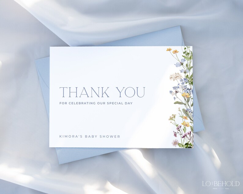 Wildflower Baby Shower Thank You Card Template, Blue Floral Printable ...