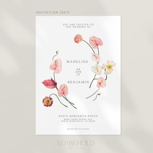 May include: A wedding invitation with a floral design featuring pink and white flowers. The invitation reads "You are invited to the wedding of Madeline and Benjamin, April 4, 2022, Santa Margarita Ranch, 9000 Yerba Buena Ave, Santa Margarita, CA 93543. Reception to follow. Lo Behold."