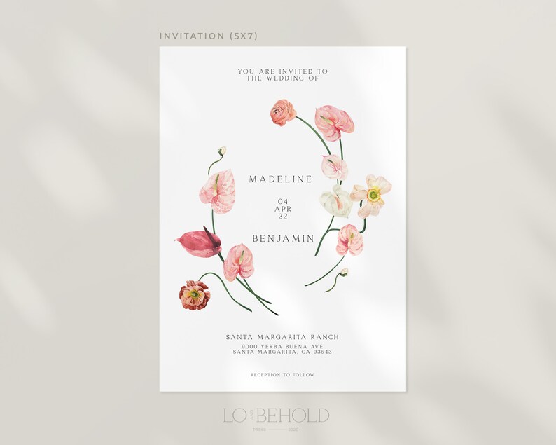 May include: A wedding invitation with a floral design featuring pink and white flowers. The invitation reads "You are invited to the wedding of Madeline and Benjamin, April 4, 2022, Santa Margarita Ranch, 9000 Yerba Buena Ave, Santa Margarita, CA 93543. Reception to follow. Lo Behold."