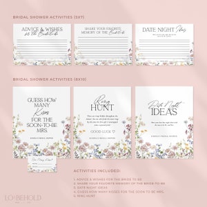 May include: Printable bridal shower activity cards with a floral design. The cards include activities such as advice and wishes for the bride, sharing favorite memories, date night ideas, guessing how many kisses the bride-to-be will receive, and a ring hunt.