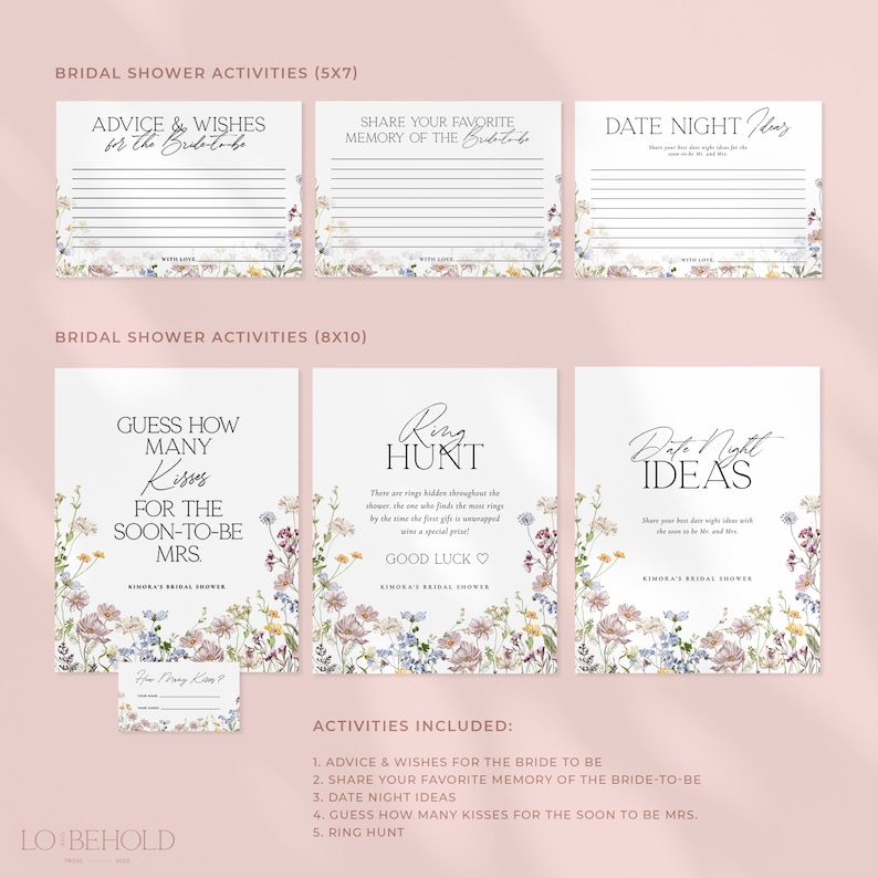 May include: Printable bridal shower activity cards with a floral design. The cards include activities such as advice and wishes for the bride, sharing favorite memories, date night ideas, guessing how many kisses the bride-to-be will receive, and a ring hunt.