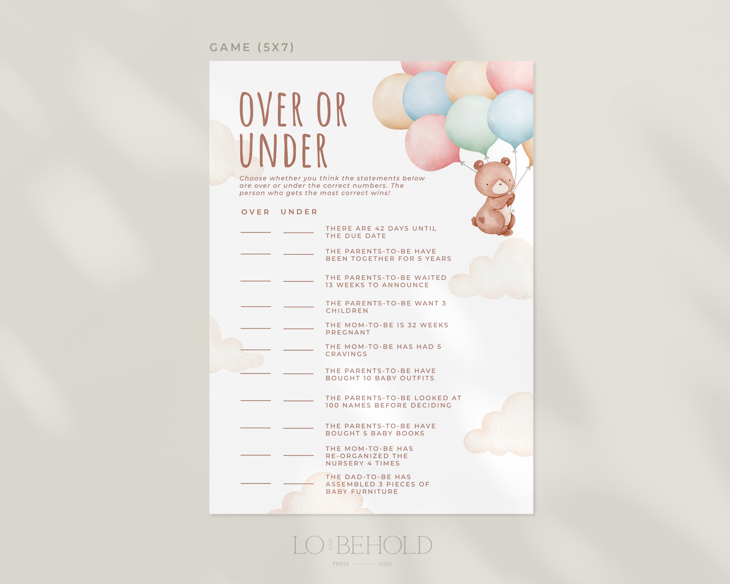 TEDDY | Over or Under Baby Shower Game Editable Template Download Bear ...