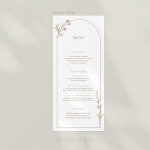 May include: A minimalist wedding menu card with an arch design and floral accents in brown. The menu includes starters, main course, and desserts. The text reads "MENU (4X9)" at the top and "LO BEHOLD" at the bottom.