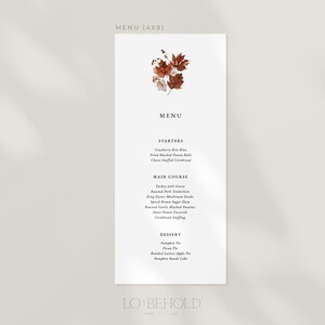 RUSTIC Autumn Minimalist Wedding Menu Template DIY Download Fall Floral Dinner Menu Card Editable Printable Template Thanksgiving Dinner image 5