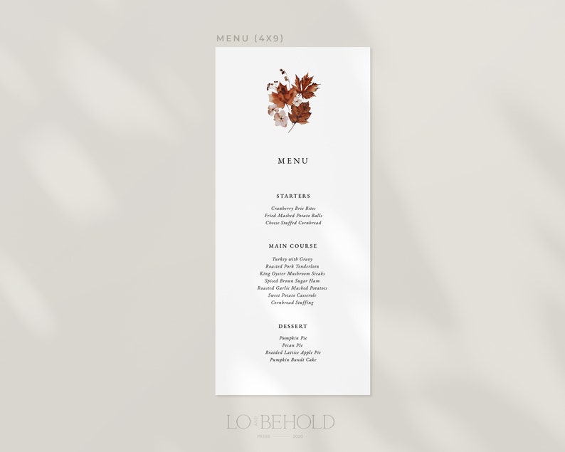 RUSTIC Autumn Minimalist Wedding Menu Template DIY Download Fall Floral Dinner Menu Card Editable Printable Template Thanksgiving Dinner image 5