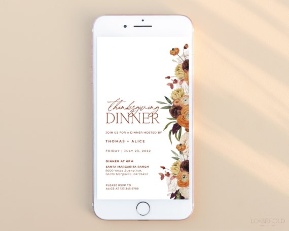 Thanksgiving Evite Digital Template Fall Floral Invitation Friendsgiving Dinner Electronic Autumn Text Invite Editable Template | MERLOT