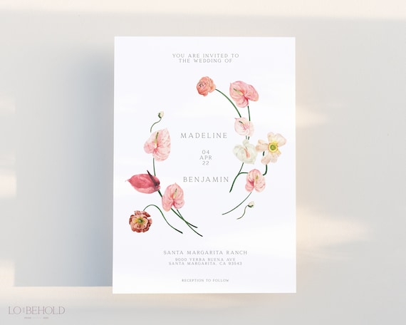 LOVE | Blush Pink Floral Wedding Invitation Template Instant Download Minimalist Spring Pink Wedding Invite Editable Printable Template