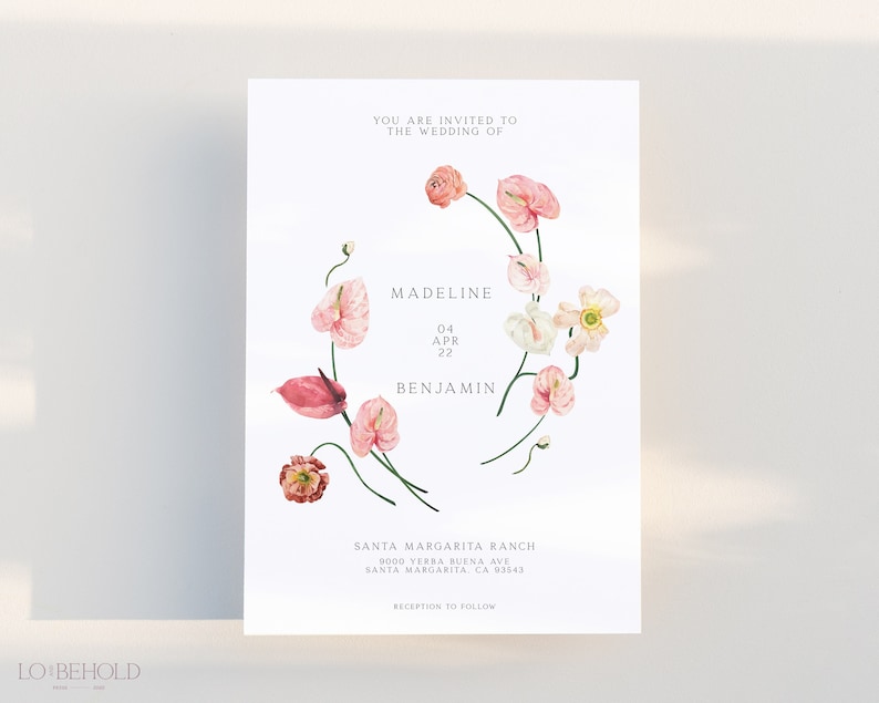 May include: A wedding invitation with a floral design featuring pink and white flowers. The invitation reads "You are invited to the wedding of Madeline and Benjamin, 04 APR 22, Santa Margarita Ranch, 9000 Yerba Buena Ave, Santa Margarita, CA 03543, Reception to follow."