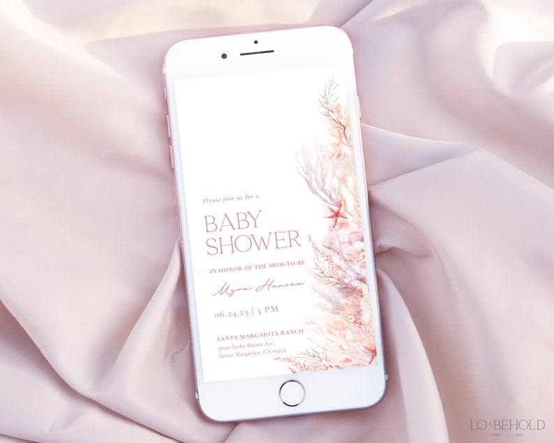 Digital inbjudningsmall för babyshower under havet, elektronisk inbjudan till babyshower med hav och hav, rosa nautisk textinbjudan | CORAL bild 3