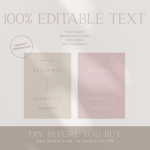 May include: Two printable wedding save the date cards with a minimalist design. The cards are in a light pink and beige colour scheme. The text on the cards reads "November 5, 2021", "Benjamin", "Isabelle", and "Santa Margarita Ranch".