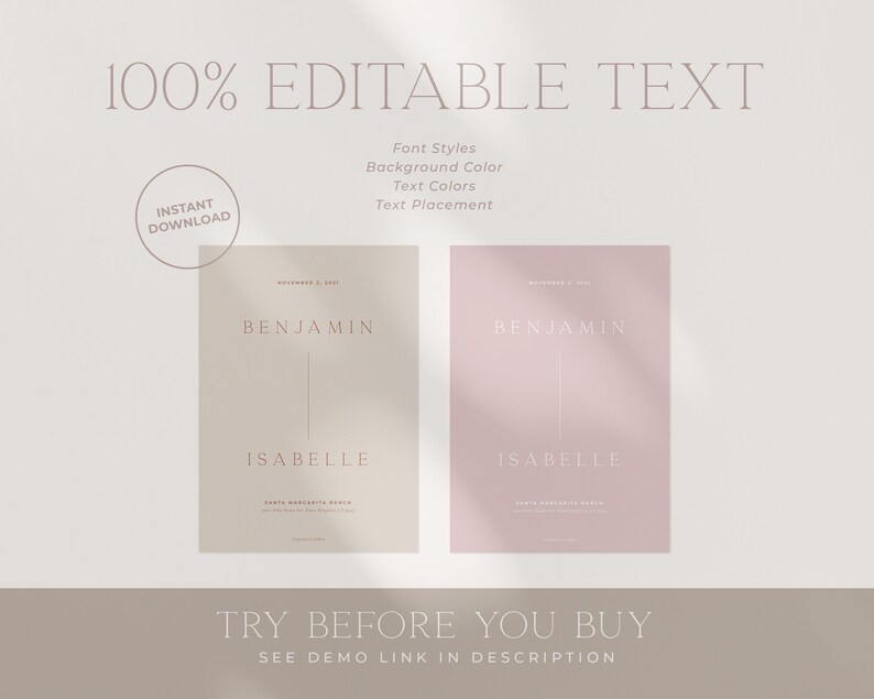 May include: Two printable wedding save the date cards with a minimalist design. The cards are in a light pink and beige colour scheme. The text on the cards reads "November 5, 2021", "Benjamin", "Isabelle", and "Santa Margarita Ranch".