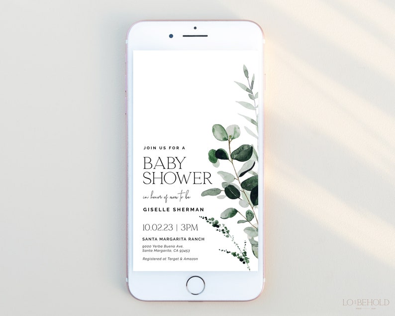 May include: A white and green baby shower invitation with a leafy design. The text reads "Join us for a Baby Shower in honor of now to be Giselle Sherman 10.02.23 | 3PM Santa Margarita Ranch 2000 Verde Buena Ave Santa Margarita, CA 93453 Registered at Target & Amazon"