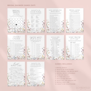 May include: A set of ten printable bridal shower games with floral illustrations. The games include Bridal Bingo, What's in Your Purse, Who Knows the Bride Best, Bridal Word Scramble, Over or Under, He Said She Said, Would She Rather, What Did the Groom Say, Bridal Mad Libs, and What's on Your Phone.