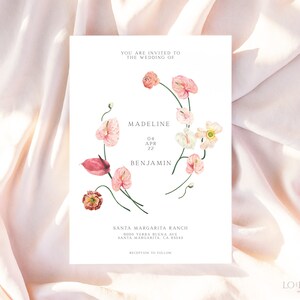 May include: A wedding invitation with a floral design featuring pink and white flowers. The invitation reads "You are invited to the wedding of Madeline & Benjamin, 04 APR 22, Santa Margarita Ranch, 9000 Verba Buena Ave, Santa Margarita CA 93543, Reception to follow."