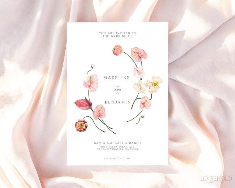 May include: A wedding invitation with a floral design featuring pink and white flowers. The invitation reads "You are invited to the wedding of Madeline & Benjamin, 04 APR 22, Santa Margarita Ranch, 9000 Verba Buena Ave, Santa Margarita CA 93543, Reception to follow."