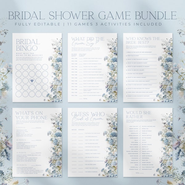 15 Bridal Shower Games Bundle, Blue Floral Bridal Shower Game Template, Printable Hydrangea Bridal Shower Package Activities | SKY