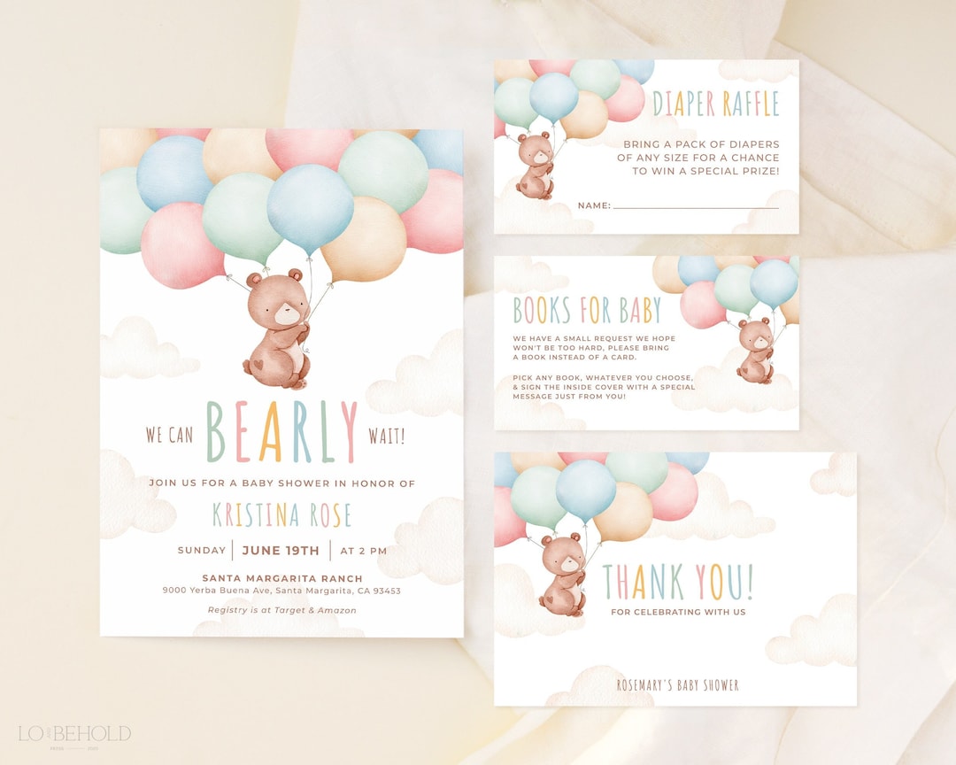 TEDDY | Bear Baby Shower Invitation Template Set Baby Bear With Balloon ...