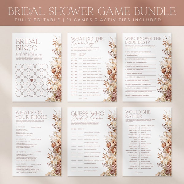 15 Bridal Shower Games Bundle, Boho Bridal Shower Game Template, Printable Fall Floral Bridal Shower Package Activities, Neutral | HAZEL