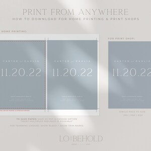 May include: A printable wedding invitation template with a light blue background and white text. The text reads "CARTER & DAHLIA 11.20.22". The template is designed for home printing or professional printing.