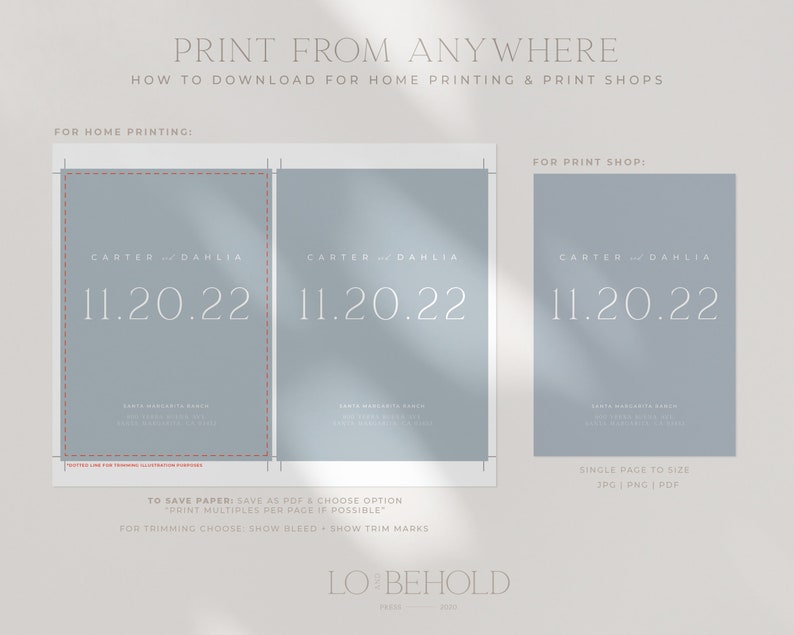 May include: A printable wedding invitation template with a light blue background and white text. The text reads "CARTER & DAHLIA 11.20.22". The template is designed for home printing or professional printing.
