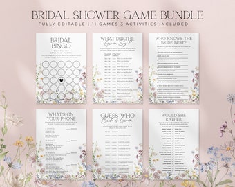 15 Bridal Shower Games Bundle, Wildflower Bridal Shower Game Template, Printable Whimsical Floral Bridal Shower Package Activities | EDEN