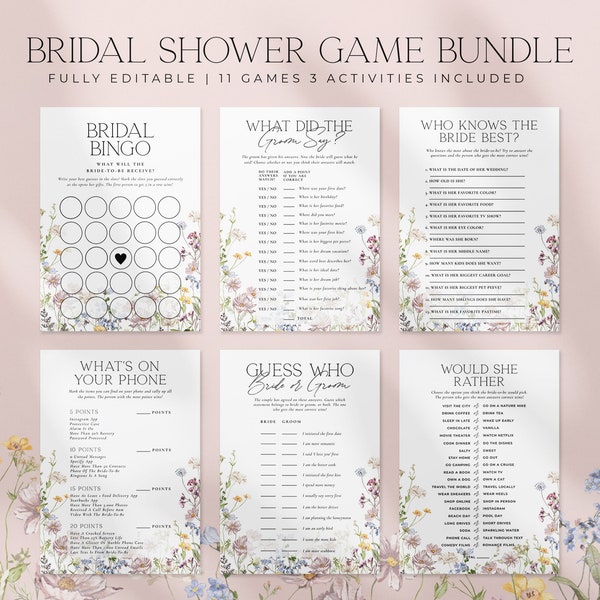 15 Bridal Shower Games Bundle, Wildflower Bridal Shower Game Template, Printable Whimsical Floral Bridal Shower Package Activities | EDEN