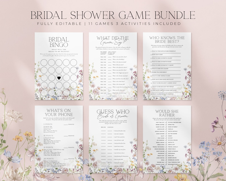 May include: A set of printable bridal shower game cards with a floral design. The games include "Bridal Bingo", "What Did the Groom Say", "Who Knows the Bride Best", "What's on Your Phone", "Guess Who Bride or Groom", and "Would She Rather".