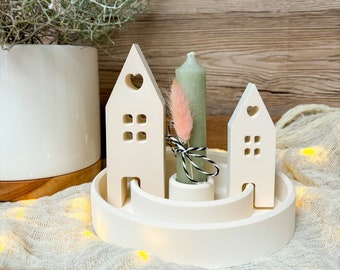 Beiger Kerzenständer Boho mit Haus | Kerzenteller Raysin beige I Dekoteller mit Häuschen | Stabkerzen Kerzenständer aus Keramik I Raysin