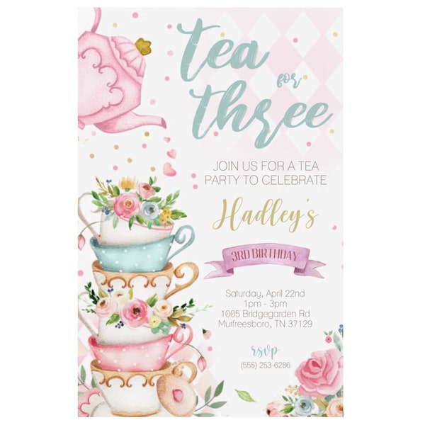 Tea for Three Birthday Invitation, Tea Party, 3rd Birthday, Turning Three, Let's Par-tea