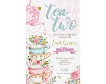 May include: A tea party invitation with a watercolor illustration of a stack of teacups and a teapot. The invitation says "Tea for Two" and is for Leah Grace's 2nd birthday. The party is on Saturday, January 29th from 2pm to 4pm at 100 W Evans Ave in Denver, CO. RSVP to Kateie at 303-553-955.