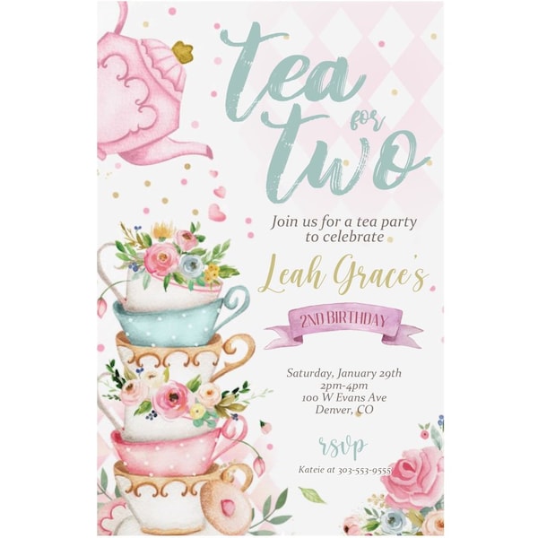 Tea for Two Birthday Invitation, Tea Party, 2nd Birthday, Turning Two, Let's Par-tea