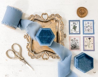 PICK YOUR COLOR Flat Lay Styling Kit for Photographers, velvet ring box, gold scissors, vintage stamps, silk ribbon, gold trinket dish