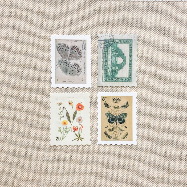 May include: Four vintage postage stamps with scalloped edges. The top left stamp features a blue butterfly, the top right stamp features a green building, the bottom left stamp features a floral design with the number 20, and the bottom right stamp features a black and white butterfly with the number 5.