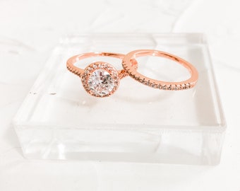 Faux Rose Gold Wedding Rings for Photography, Cubic Zirconia CZ Prop for Photographers Bridal Solitaire Ring Set