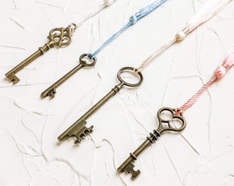 Vintage Bronze Skeleton Keys with Tassels, Home Decor Set