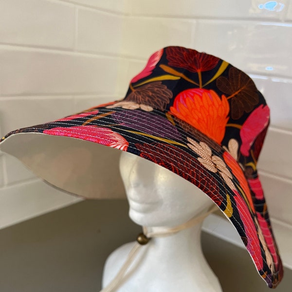 61cm (24 inches) Floral Wide brim Bucket Hat with strap and metal toggle,  Aussie Bucket Hat, Australian handmade