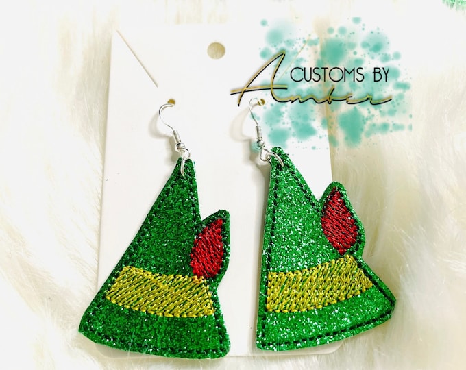 Buddy The Elf Earrings, Santa I Know Him Quote - Glitter Green Embroidered Jewelry - Nickel Free Xmas Accessory