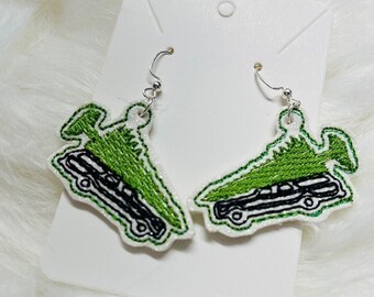 Embroidered Station Wagon Tree Earrings, Christmas Vacation Jewelry, Holiday Accessory